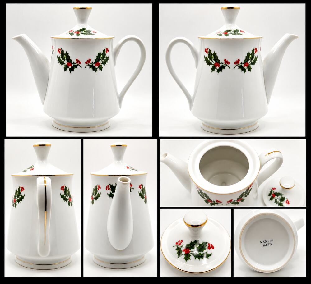 Vintage Made in Japan Christmas Holly Berry Teapot Gold Trim Porcelain 8”